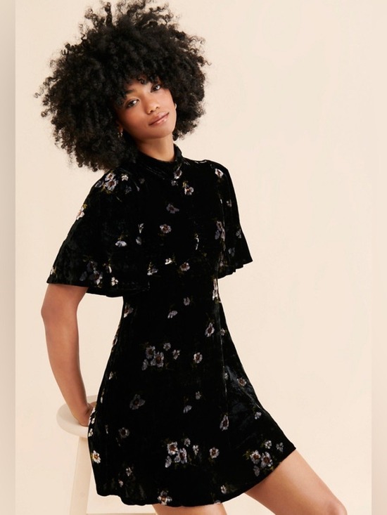 Free People Dresses & Skirts - Free People Be My Baby Black Floral Velvet Mini Dress with Flutter Sleeves Sz 2